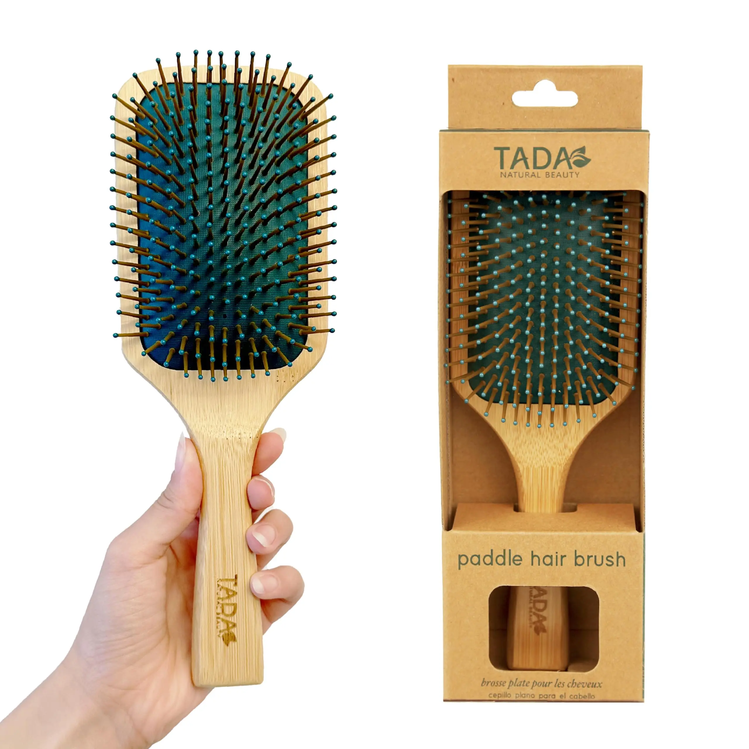TADA Natural Beauty Eco-Friendly Square Bamboo Paddle Detangle Brush - 1 Size, Scalp Massager, Dry-Friendly, Hair Growth Support, Natural Curls Curly Hair Brush Styling Tool, Family Use
