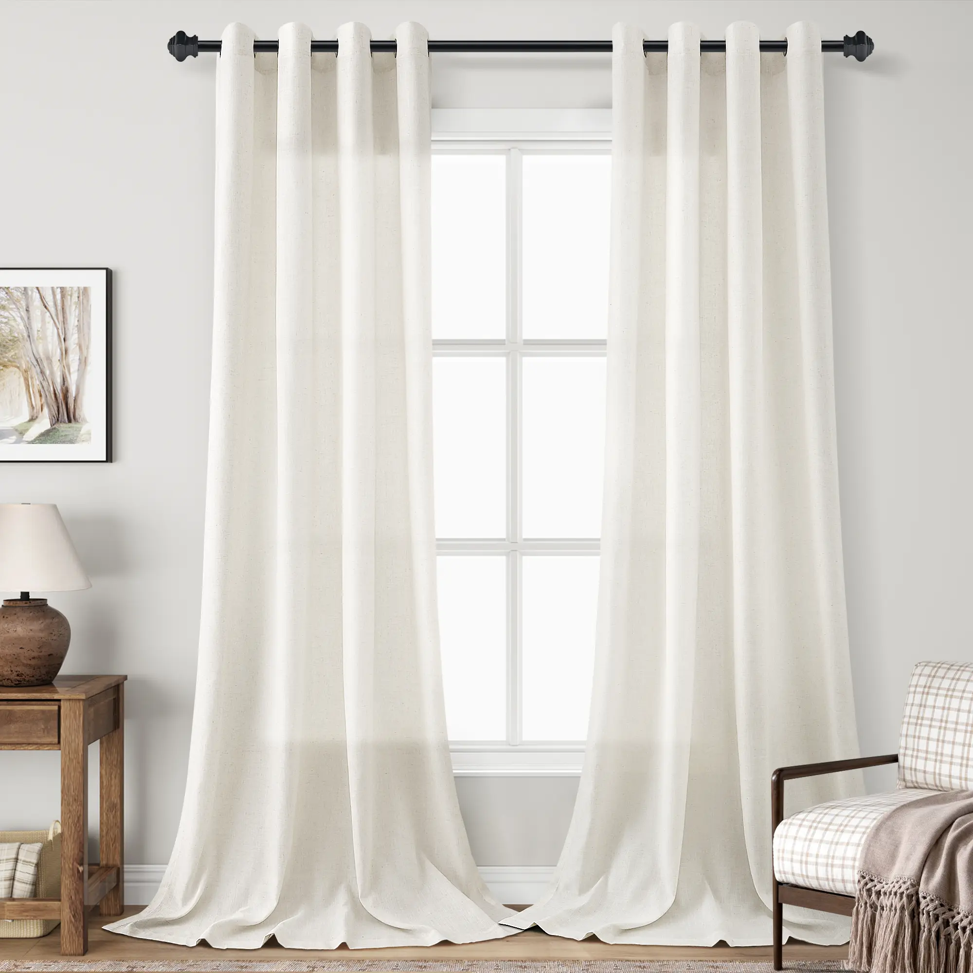 SPWIY Linen Grommet sheer Window Curtains for Living Room Semi Sheer Light Filtering Privacy Curtain for Bedroom Cream Luxury Boho Farmhouse Decor Neutral Window Drapes