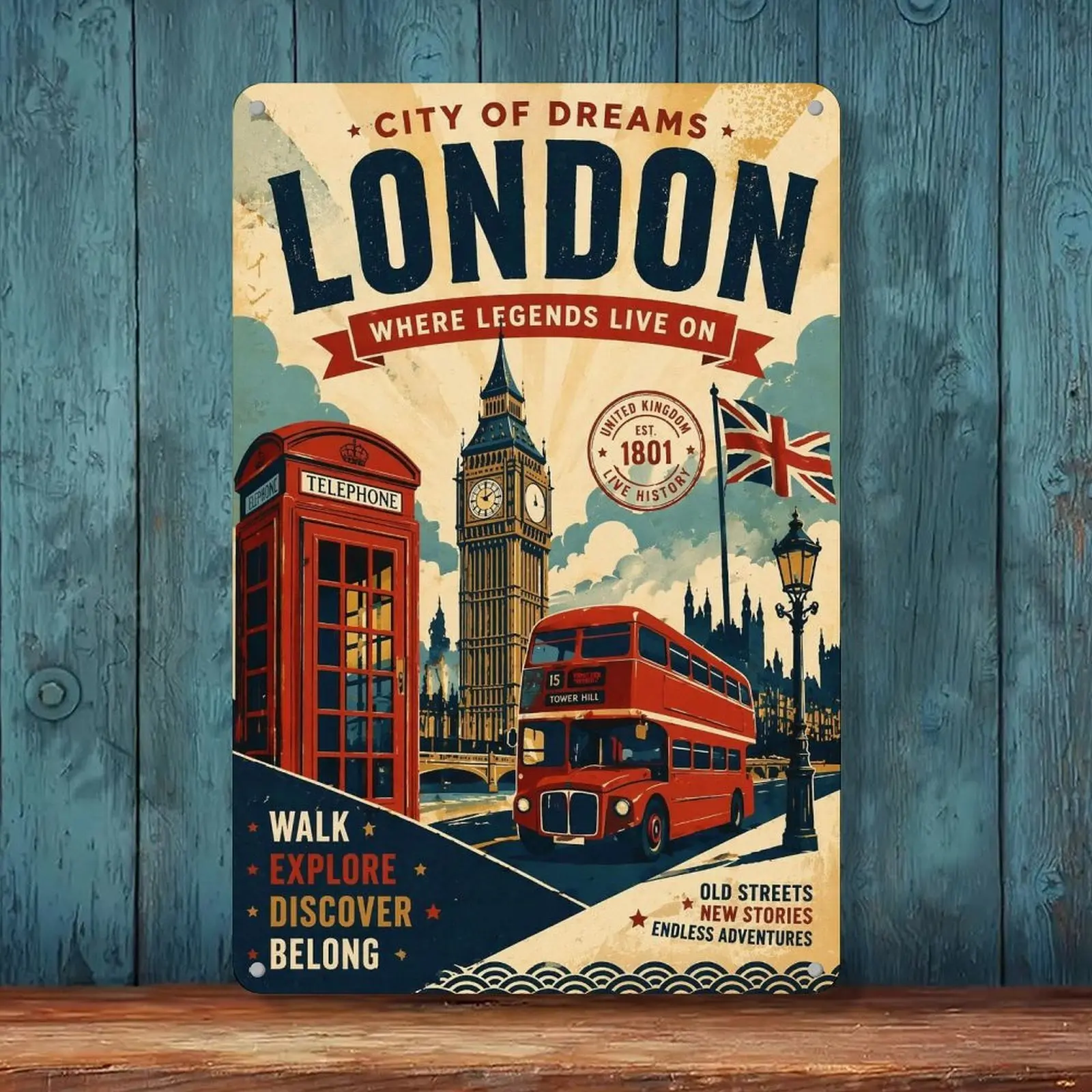 8x12in City of Dreams London Vintage Travel Tin Sign Print - British Classic Landmark Artistic Decor, Home Supplies Wall Hanging for Bedroom, Room Decor Collectibles, High-Def Wall Art