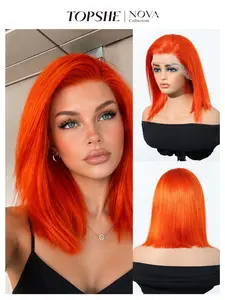 Bright Orange Lace Front Wig for Women, 12 Inch 100% Human Hair Straight Bob Wig, Vibrant Ginger Orange Blunt Cut Wig with Natural Hairline, Silky Shoulder Length Wig for Party Festival Cosplay Halloween Going Out