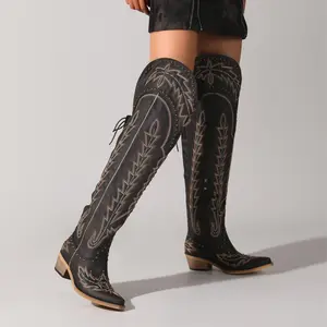 Denim Diva Thigh-High Cowgirl Boots for Women, Wide Calf Over-the-Knee Western Boots with Lace-Up, Embroidery, Side Zipper and Chunky Heel