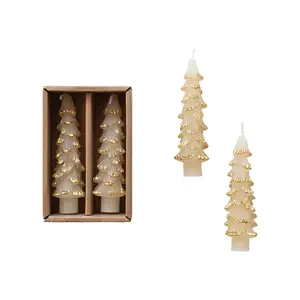 Tree Shaped Taper Candles w/ Gold Tips in Box, Eggnog