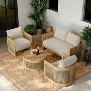 Homary 4-Piece Outdoor Teak & Rope Weave Sofa Set with Coffee Table for 4