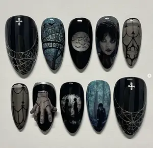 Dark gothic nails inspired by Wednesday Addams with spider webs, Nevermore Academy gate, eerie moon, stitched hand, and shadowy forest art – spooky horror vibe