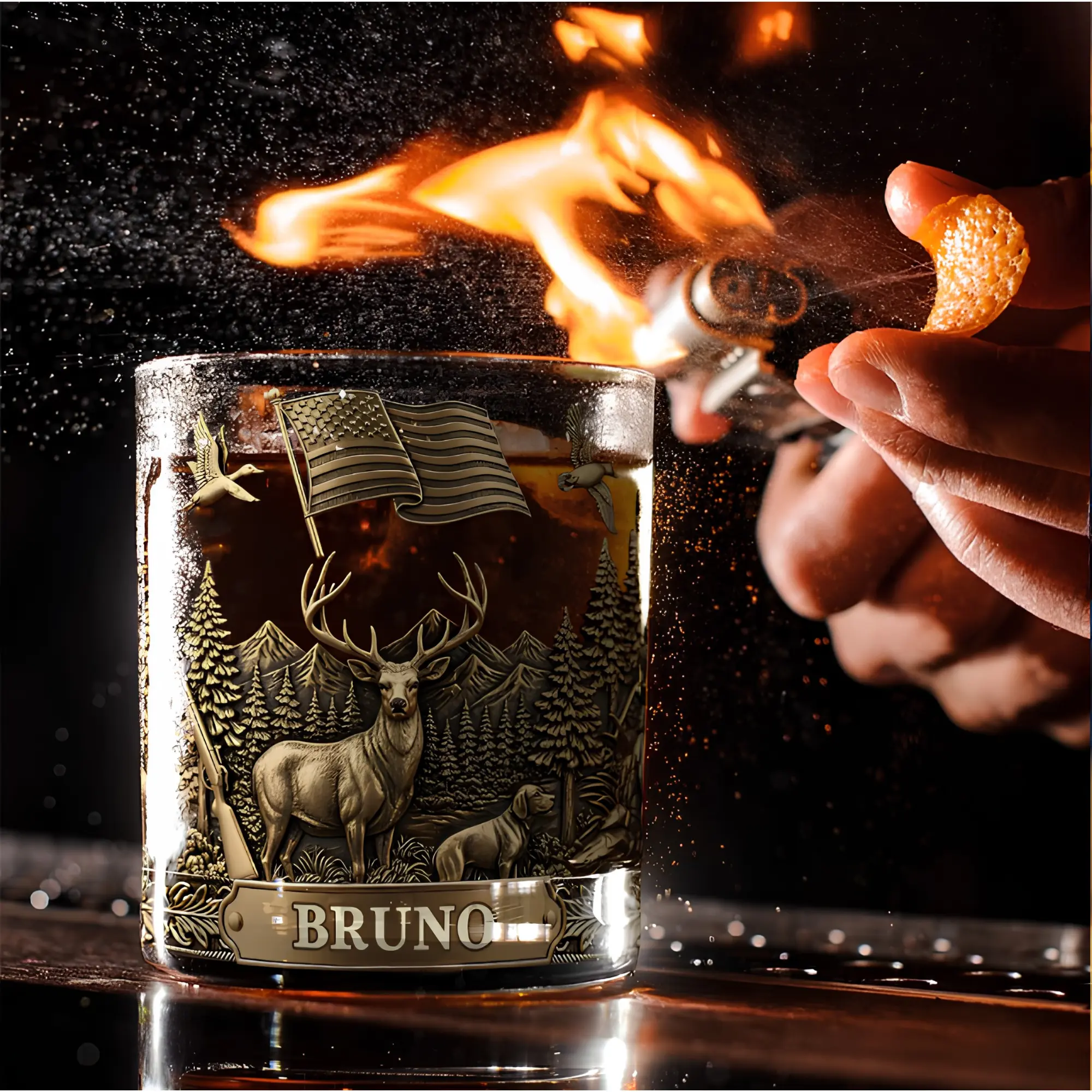 Personalized Deer Hunting Whiskey Glass, Custom Name Bourbon Rocks Glass, Buck Deer Forest American Flag Engraved Scotch Glass, Hunting Gift for Dad, Husband, Grandpa, Men
