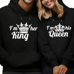 [Graphic Hoodie] Couple Matching Hoodies/T-Shirt - His/Her King/Queen Crown Print Couple Hoodie - Comfortable Couple Hoodie, Long-Sleeve Pullover Couple Hoodie, Perfect For Gifts And Holidays