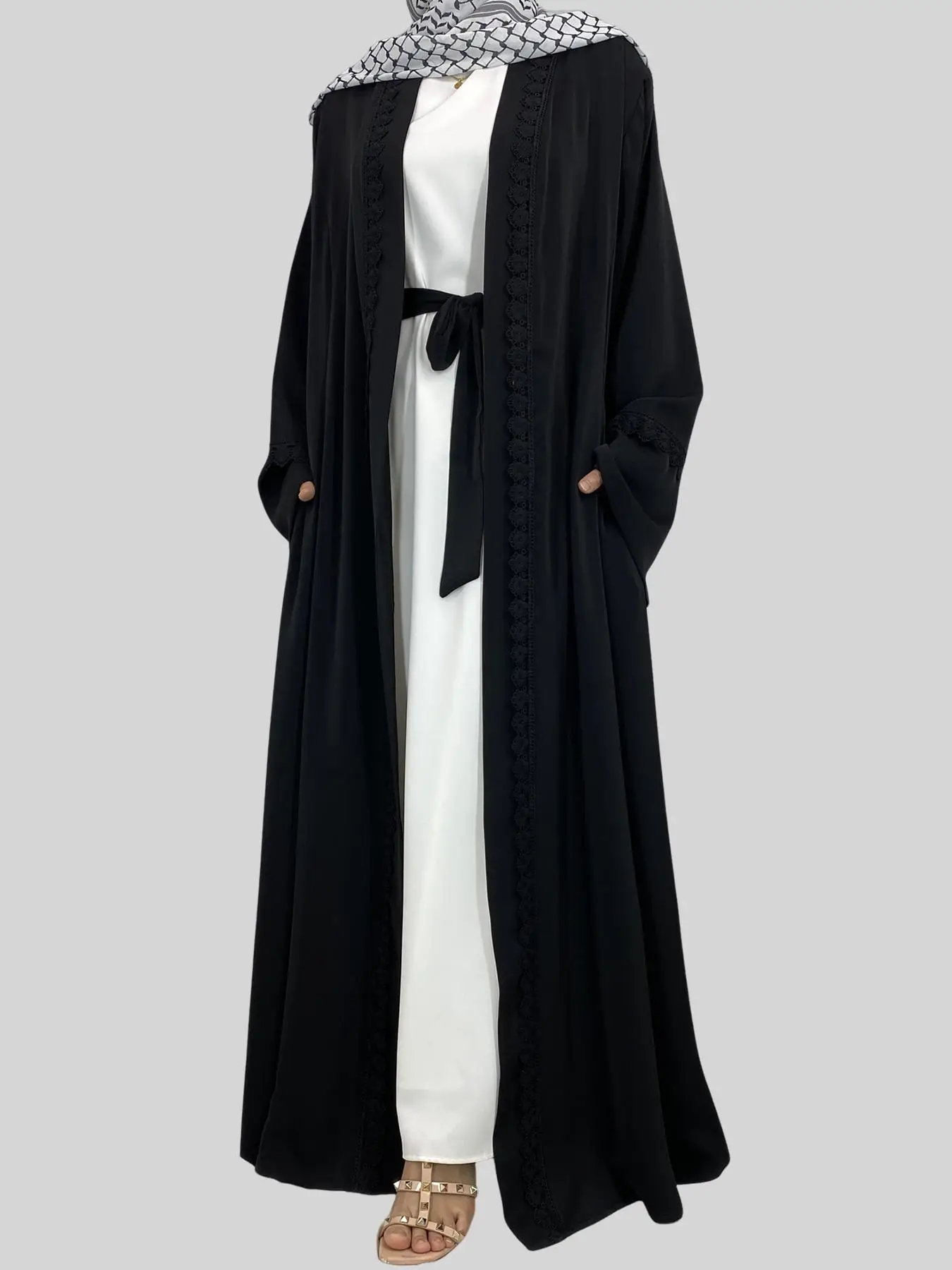 Women's Solid Color Lace Trim Abaya, Modest Fashion Long Sleeve Open Front Abaya for Daily Wear, Ladies Islamic Clothing for All Seasons