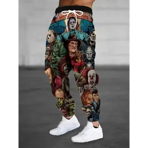 Loose Fit 100% Polyester Graphic Print Joggers - Men's Casual Horror Movie Trousers with Pockets, Slight Stretch, Regular Length