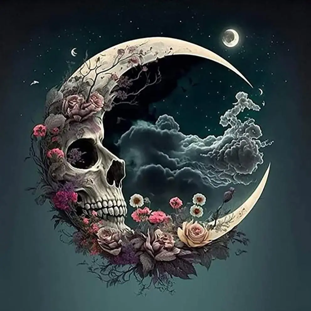Dark Theme Floral Skull & Moon DIY Diamond Arts Colorful Painting Kit Without Frame, DIY 5D Wall Art Decor for Home Living Room Bedroom