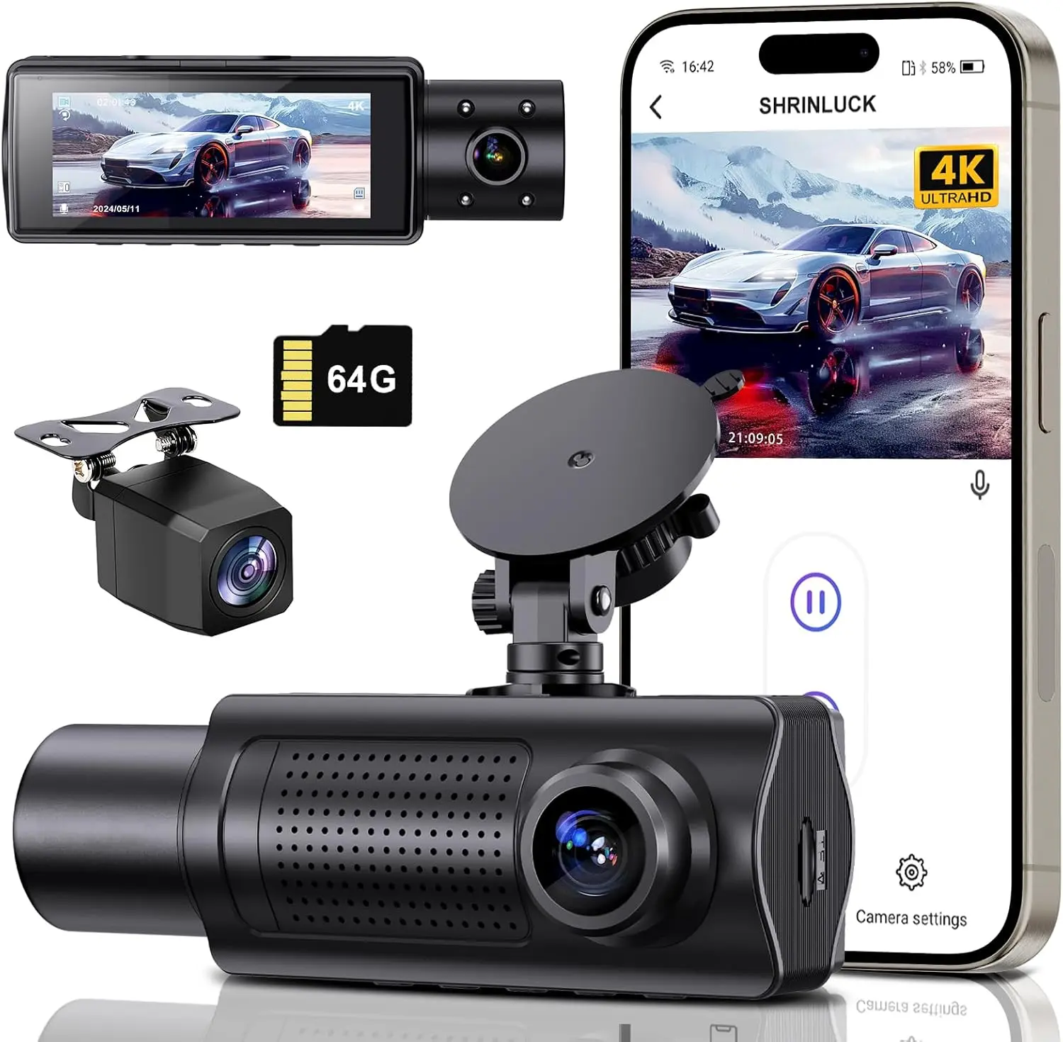 3 Channel Dash Cam 4K Front 1080P Rear Inside Car Camera with 5.8GHz WiFi App Control Night Vision G Sensor 360 Degree Coverage 24H Parking Monitor Loop Recording with 64GB SD Card