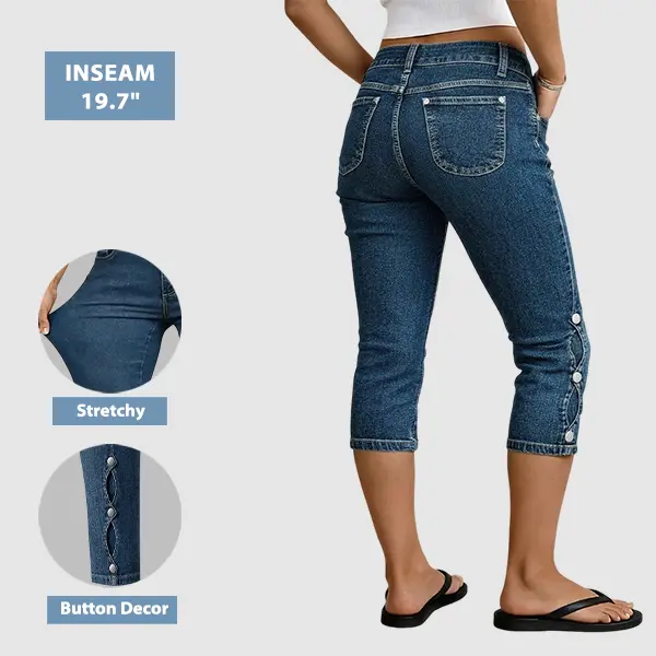 Flamingals Wash Button Decor Mid Waist Skinny Capri Jeans Stretchy 19.7'' Inseam