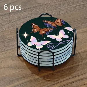 6-piece ceramic coaster set, featuring a gorgeous circular pattern with butterflies and starlight decorations. Heat-resistant, non-slip coasters with holders, perfect for home, dining, and as beverage mats.