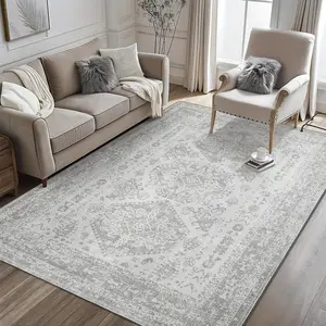 Living Room Bedroom Machine Carpet Washing, Retro Distressed Printed Gray Floral Medal Decorative Carpet, Low Velvet Ultra-Thin Lightweight Non-Slip Backing