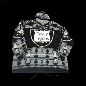 Tela y Tejidos Wool-Blend Knit Sweater Grey & Royal Black Aztec Design