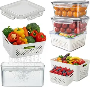 5 Pack Fruit & Vegetable Storage Containers for Fridge with Colander Airtight Leak Proof Food Organizer Set