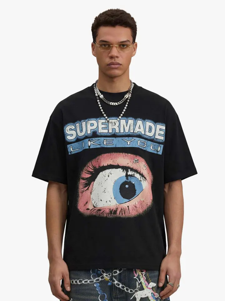 Thesupermade Waffle Knit Eye Graphic "SUPERMADE LIKE YOU" Letter Tee | Distressed Print Streetwear T-Shirt Men Women