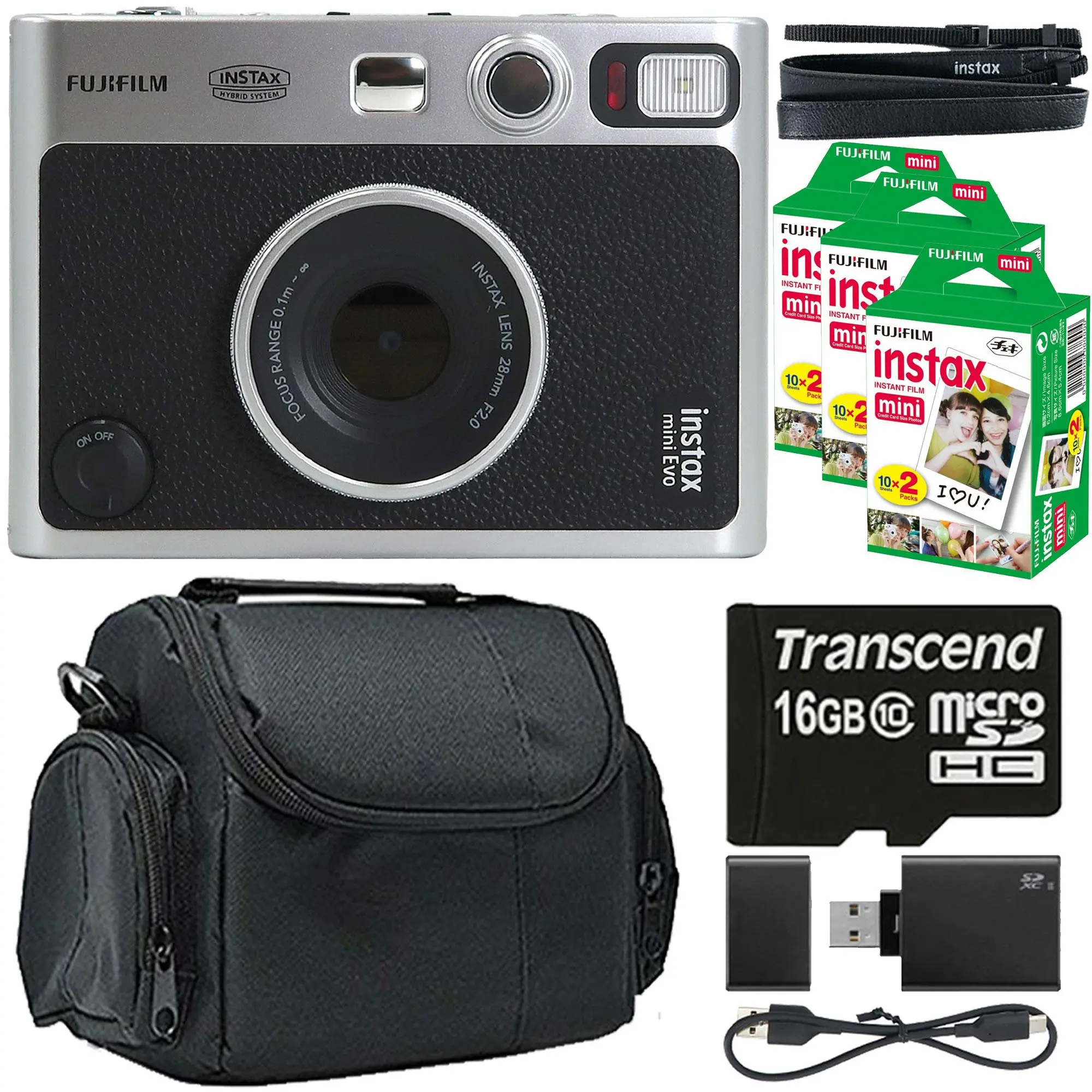 FUJIFILM INSTAX MINI EVO Hybrid Portable Digital Instant Camera (Black) Bundle, 3x Fujifilm 2x10 Mini Film Packs, BePro BC-1 Small Case, 16GB Transcend MicroSD Card with Adapter, Memory Card Reader, Portable Digital Instant Cameras