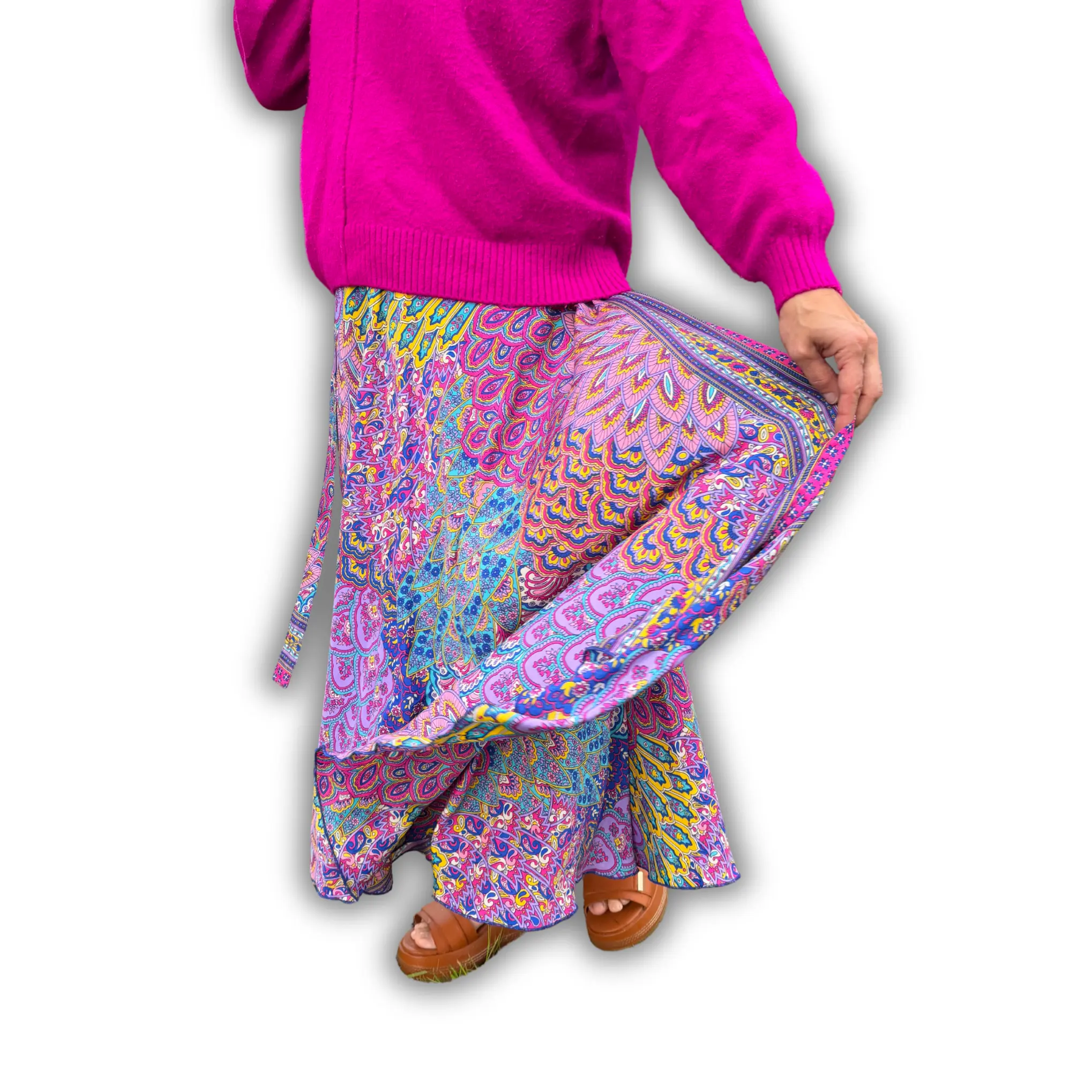 Boho Wrap Skirt for Women – Peacock Mandala Print, Adjustable Tie Waist, Flowy Maxi Festival Skirt