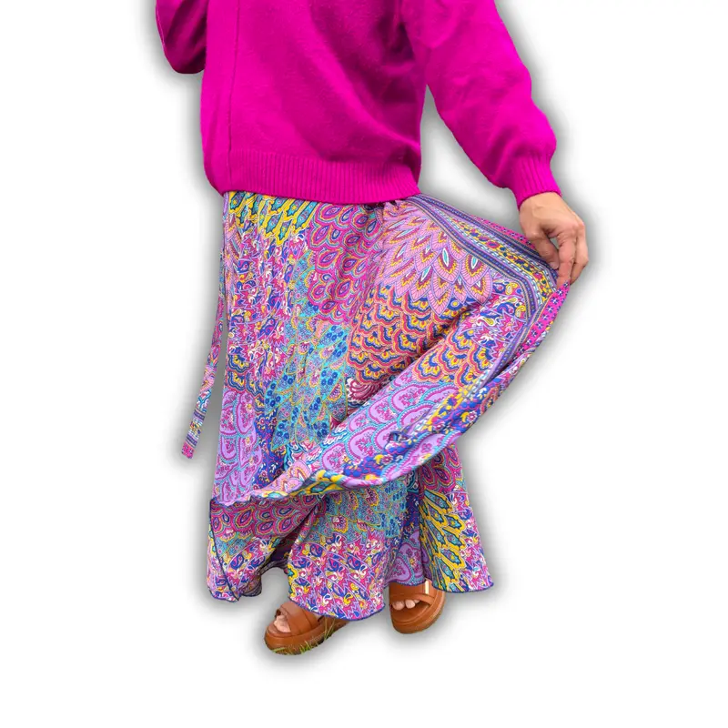 Women's Bohemian Style Flowy Maxi Skirt - Viscose, Boho Peacock Mandala & Artful Floral Print, Adjustable Twist Tie Waist, Lightweight Drape, Casual Statement Bottoms for Boho Fashion Lovers (Flowy Skirts for All Seasons)