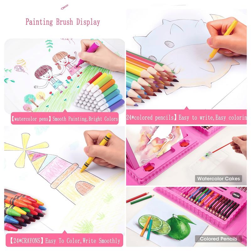 208 PCS Art Supplies, Drawing Art Kit for Kids, Art Set with Double Sided Trifold Easel, Oil Pastels, Crayons, Colored Pencils, Watercolor Pens Gift for Girls and Boys, Pink