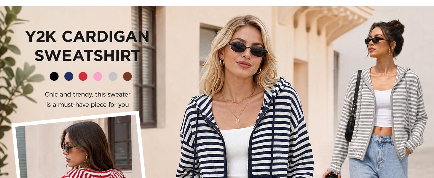 Striped hooded knit cardigan front view