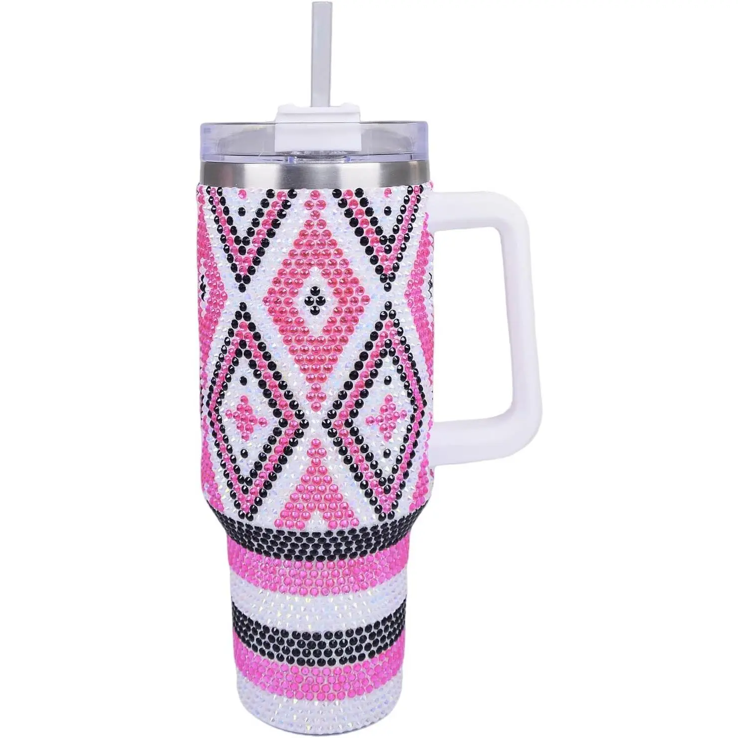 40 oz Pink Diamond Bling Rhinestone Portable Stainless Steel Sippy Tumbler - Glitter Vacuum Insulated Water Bottle Flask with Straw, Lid & Handle, Car Cup Holder Compatible, Keeps Drinks Cold 12 Hours for Coffee, Flasks