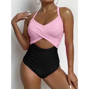 Women's bathing suits target stylish beachwear 2026 Colorblock Criss Cross One-piece Swimsuit sets, Casual Cut Out Knot design Back One Piece two-piece Swimwear for Summer, Women's Swimsuit for Beach Wear, Criss Flowy Cross Tankini with Tummy Control .