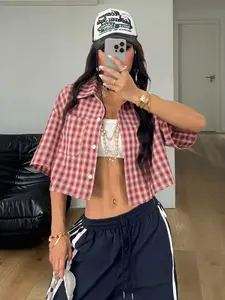 Women's Spring/Summer Vintage Preppy Crop Plaid Loose Crop Tops Red Shirt For New Years