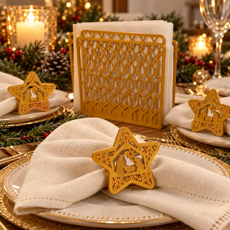 Golden Star Jesus in the Manger Napkin Ring and Holder(sets of 8 ring) - Festive Tableware for Holiday Decorations