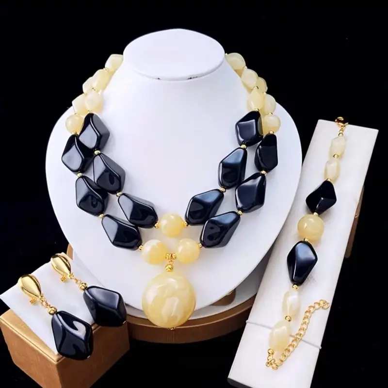 Bohemian Resin Jewelry Set 4pcs Handmade Freeform Circular Designs Mother's Day Gift for Women Vacation Party Accessories Boho Style Artisan Crafted Necklace Bracelet Earrings Ring Brown Tones Freeform Design