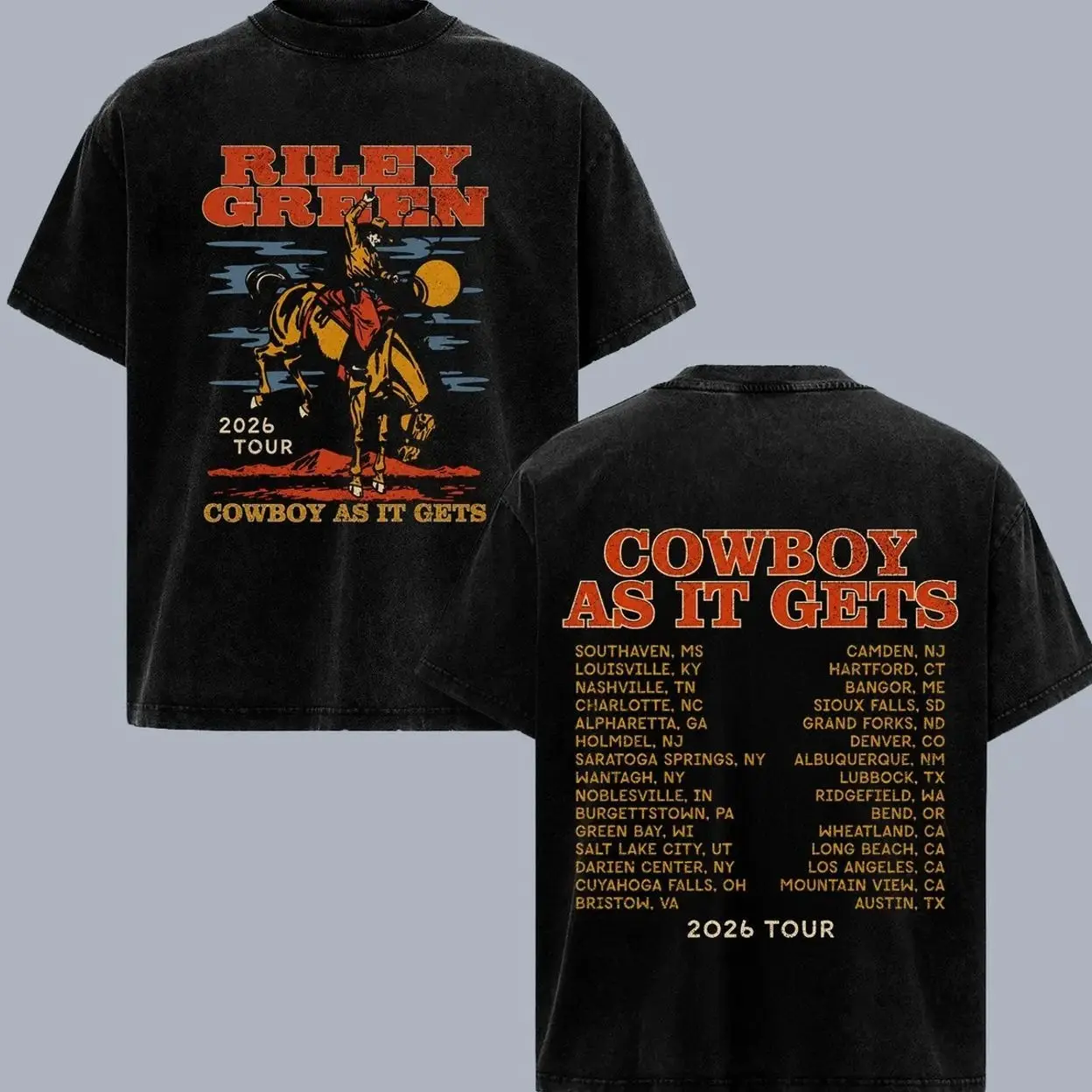 Riley Green Cowboy As It Gets 2026 Tour Vintage Washed T Shirt, Double Sided Country Music Concert Tee, Western Rodeo Cowboy Graphic Shirt, Tour Dates Back Print Apparel, Oversized Heavyweight Unisex Country Fan Gift F9N