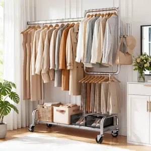 SOLEDI Heavy Duty Partitioned Clothes Rack, 460 LBS Load Metal Garment Rack with Shelves & Lockable Wheels, Rolling Hanging Rack for Bedroom, Laundry Room, Store & Garage (Silver),clothing valet stand,home stuff sturdy frame Drying
