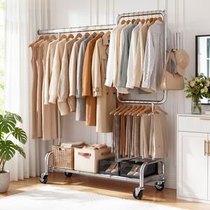 SOLEDI Heavy Duty Partitioned Clothes Rack, 460 LBS Load Metal Garment Rack with Shelves & Lockable Wheels, Rolling Hanging Rack for Bedroom, Laundry Room, Store & Garage (Silver),clothing valet stand,home stuff sturdy frame Drying summergarden