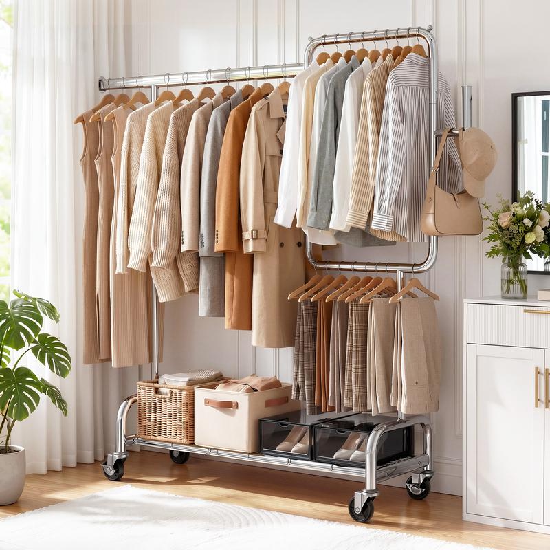 SOLEDI Sturdy Heavy Duty Partitioned Steel Clothes Rack - 460 LBS Load Oval Metal Frame Stand with Telescopic Width, Shelf, Lockable Wheels, Rolling Base for Bedroom, Garage (Silver) - Rolling Garment Drying Valet Set