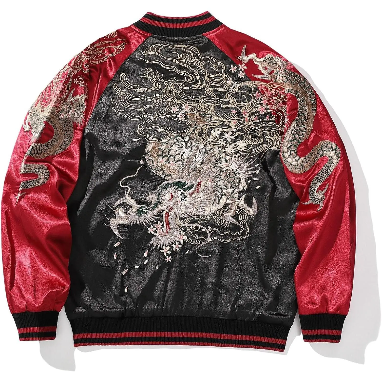 Men's Satin Dragon Embroidery Bomber Jacket - Silky Fabric, Cherry Accents, Loose Streetwear, Japanese Hip Hop Tops for Spring & Fall, Menswear, Coats, Punk, Soft, Hem