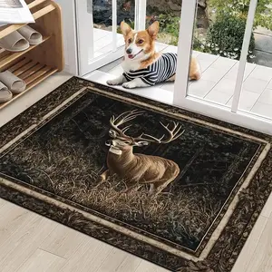 Deer in The Forest Pattern Anti Slip Entrance Mat, Washable Outdoor Door Mat, Suitable for Farmhouse/ Porch/ Kitchen/ Garage/ Office, Courtyard Terrace Decoration, Home Decoration