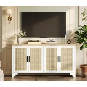 Garvee Entertainment Center for TVs Up to 70'' with Natural Rattan Design, Storage Cabinets, Boho Media Console Table for Living Room, Farmhouse Style Cabinet in White