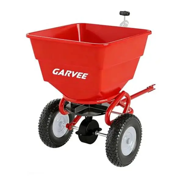 GARVEE Tow-Behind Broadcast Spreader for ATV, Tractor Users - 130lb Capacity, 10in Tires, Flow Adjustor, Adjustable Flow Control, Feet Width Design for Fertilizing, Seed, Salt, Ice Melt (Red)