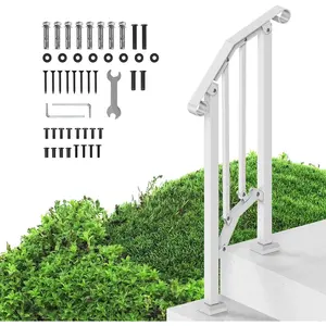 Handrails for Outdoor Steps, 1-2 Step Stair Hand Rail Kit, Transitional Carbon Steel Railings with Installation Kit, Stair Rails for Seniors, Concrete Steps & Porch & Deck, White Retro Arch