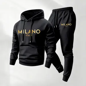 Men's Golden Milano Print Hoodie and Drawstring Sweatpants Set, Menswear, Casual Athletic Long Sleeve Hooded Jacket & Trousers for Fall & Winter, Men's Clothing for Daily Wear, Sportswear Indoor Outdoor, Tracksuit, Athleisure Summer Clothes