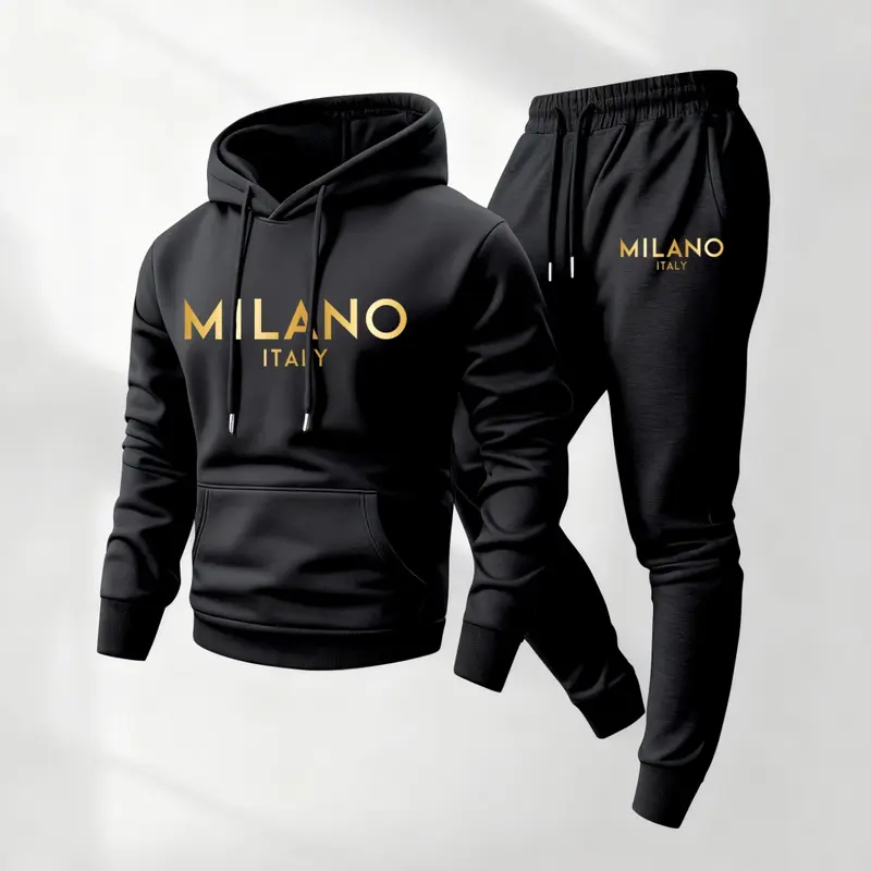 Men's Golden Milano Print Hoodie and Drawstring Sweatpants Set, Menswear, Casual Athletic Long Sleeve Hooded Jacket & Trousers for Fall & Winter, Men's Clothing for Daily Wear, Sportswear Indoor Outdoor, Tracksuit, Athleisure Summer Clothes