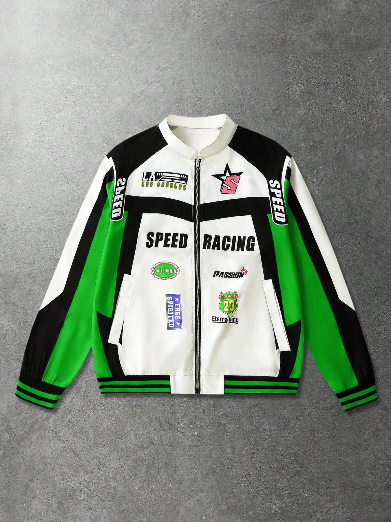 Vintage Racing Oversized Colorblock Jacket, Unisex Streetwear Y2K Spring Layering, Baseball Collar Badge Motorcycle Coat
