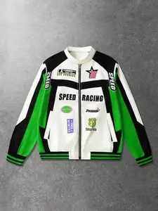 Vintage Racing Oversized Colorblock Jacket, Unisex Streetwear Y2K Spring Layering, Baseball Collar Badge Motorcycle Coat