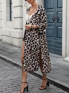 A women's leopard print long-sleeved slit loose-fitting long coat that is versatile, slimming and casual Lady Womenswear