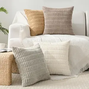 Pack of 4 Neutral Corduroy Decorative Throw Pillow Covers 18x18 Inch, Soft Plush Boho Striped Square Cushion Cases, Modern Rustic Farmhouse  Decor