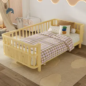 Twin/Full Size Bed Frame with Guardrail,Wooden Platform Bed with Detachable Safety Rails and Rounded Corners, Montessori Bed Frame with Headboard,Twin Day Bed Frame