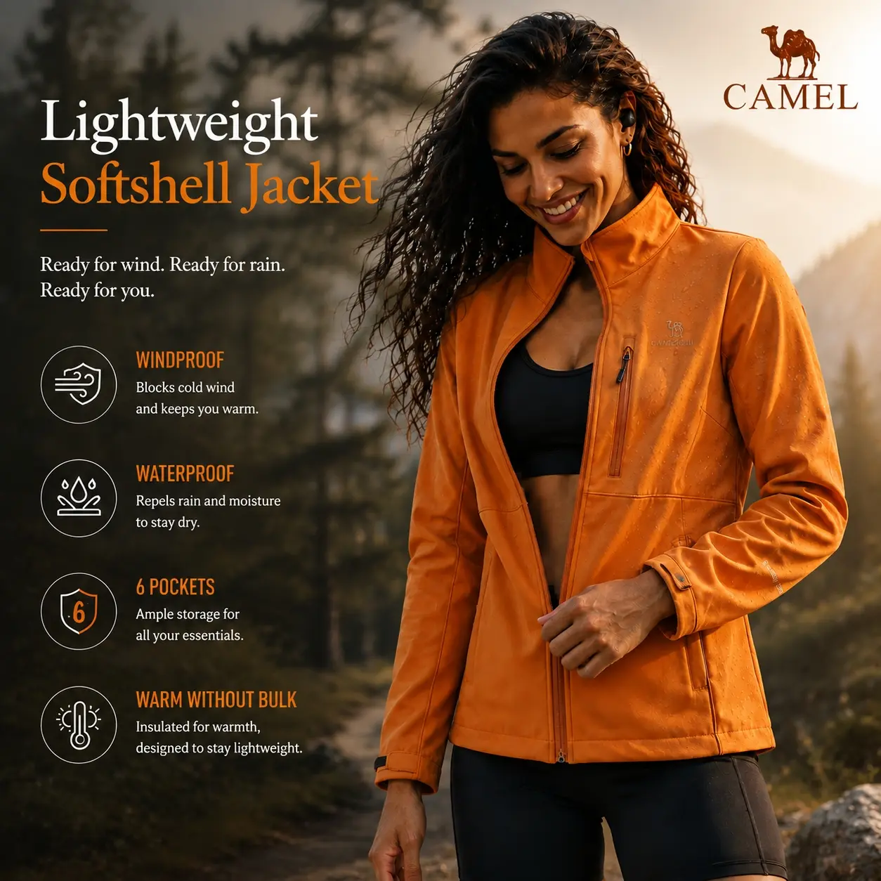 CAMEL Women's Lightweight Softshell Jacket Waterproof Windproof Outdoor Hiking Jacket with 5 Pockets Travel Camping Coat