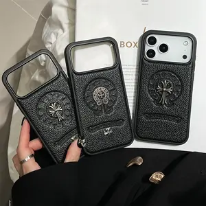 Chrome Heart Black Leather Style Cross Case Minimalist Luxury Cover For iPhone 13 14 15 16 17 Pro Max