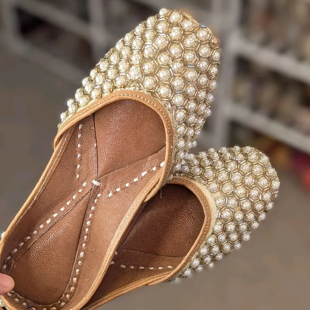 Hand Crafted Women's Pearl-Embellished Khussa Flats / Jutti Shoes - Elegant & Unique Design