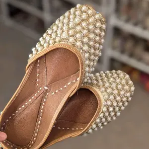 Hand Crafted Women's Pearl-Embellished Khussa Flats / Jutti Shoes - Elegant & Unique Design